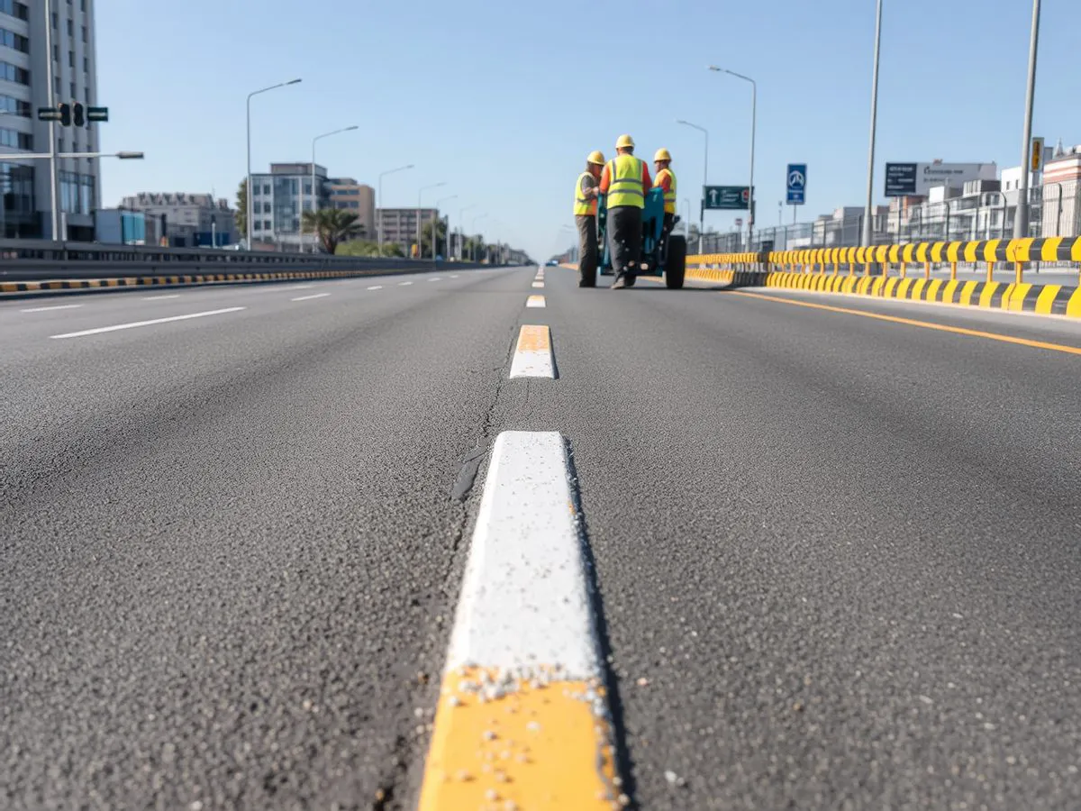 市政道路标线翻新后实景，标线清晰，反光效果显著