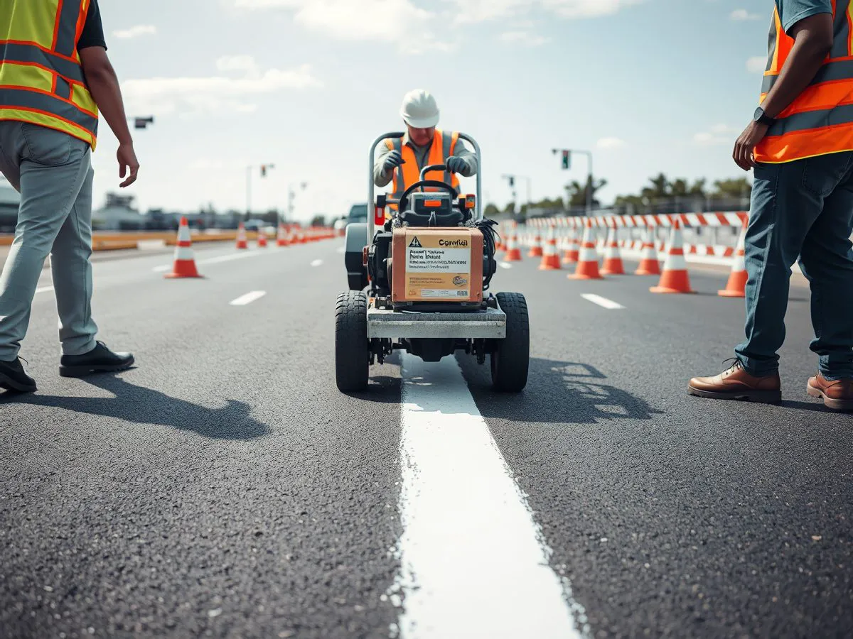 热熔型道路标线施工现场，工人在操作标线机施划白色标线