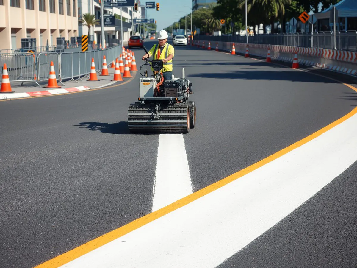 市政道路标线翻新施工现场，热熔标线机正在施划新标线